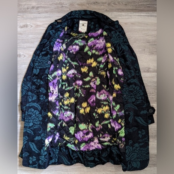 Anthropologie Elevenses Teal Floral Brocade Ruffled Victorian Velvet Peacoat 4 - Picture 8 of 9